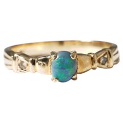 Vintage Solid Australian Black Opal & Diamond 18k Yellow Gold Ring Size K / 5