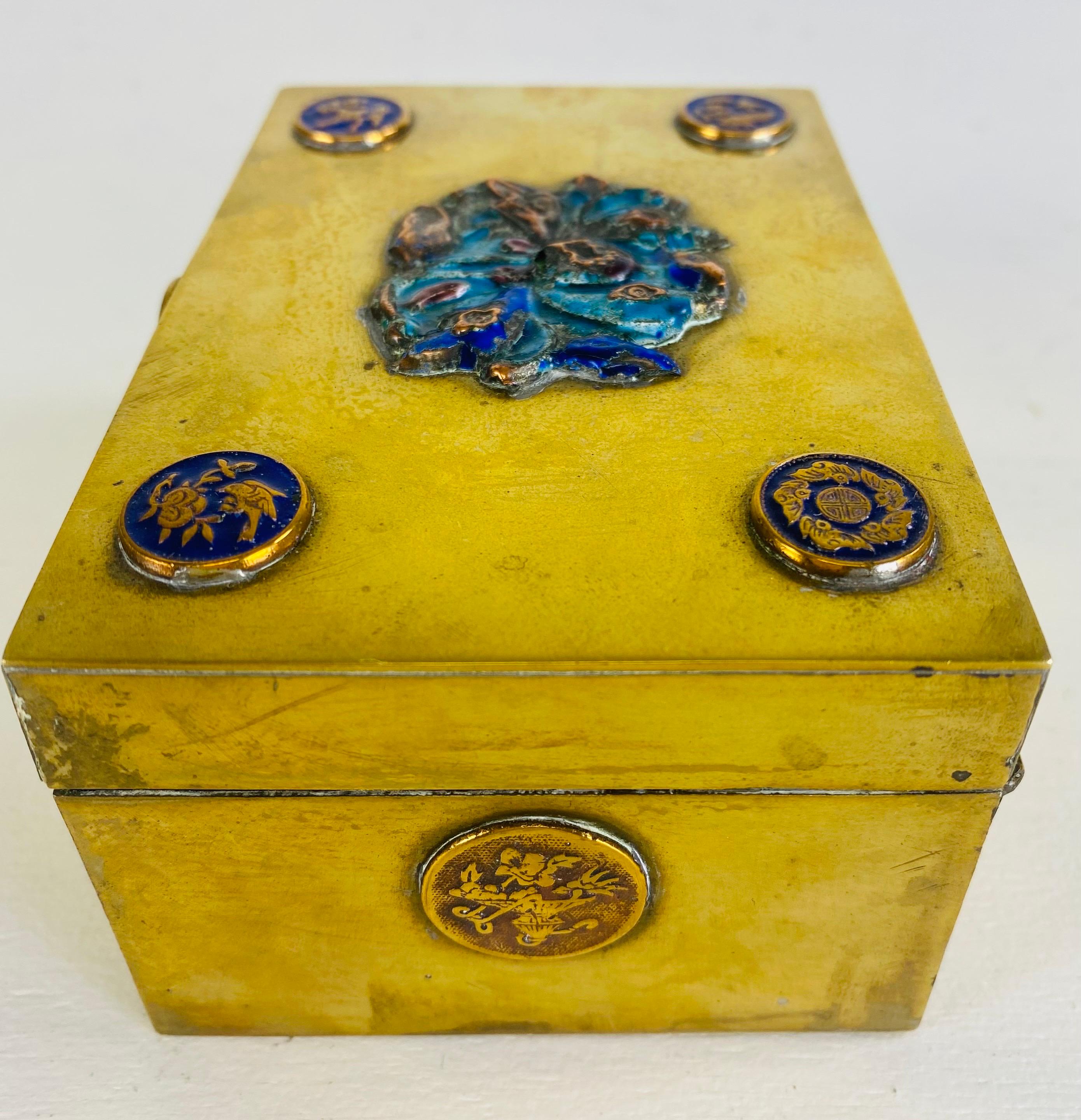 Hand-Crafted Vintage solid brass and enamel Chinese export trinket box. For Sale