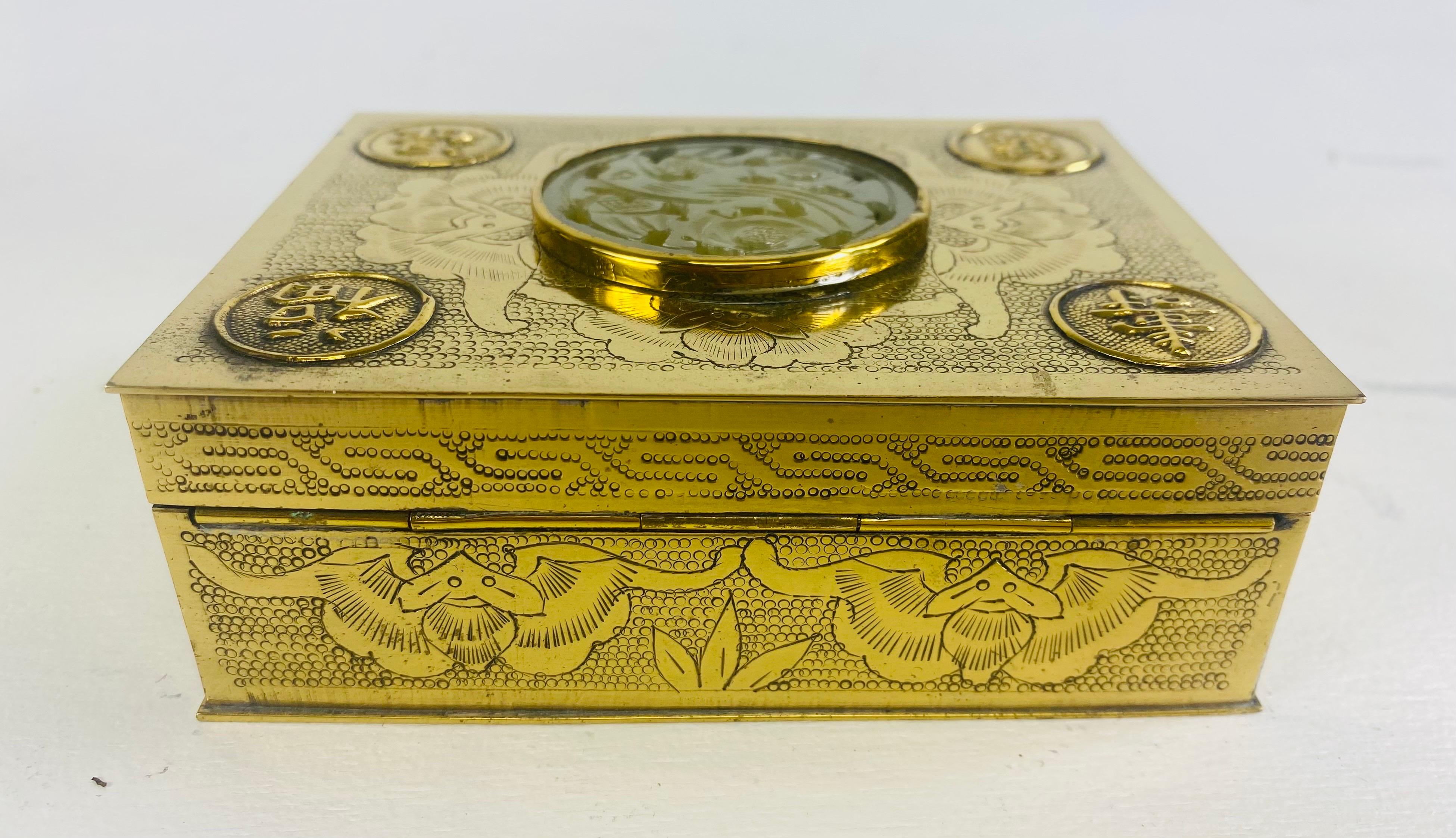 Chinese Export Vintage solid brass and jade Chinese export trinket box For Sale