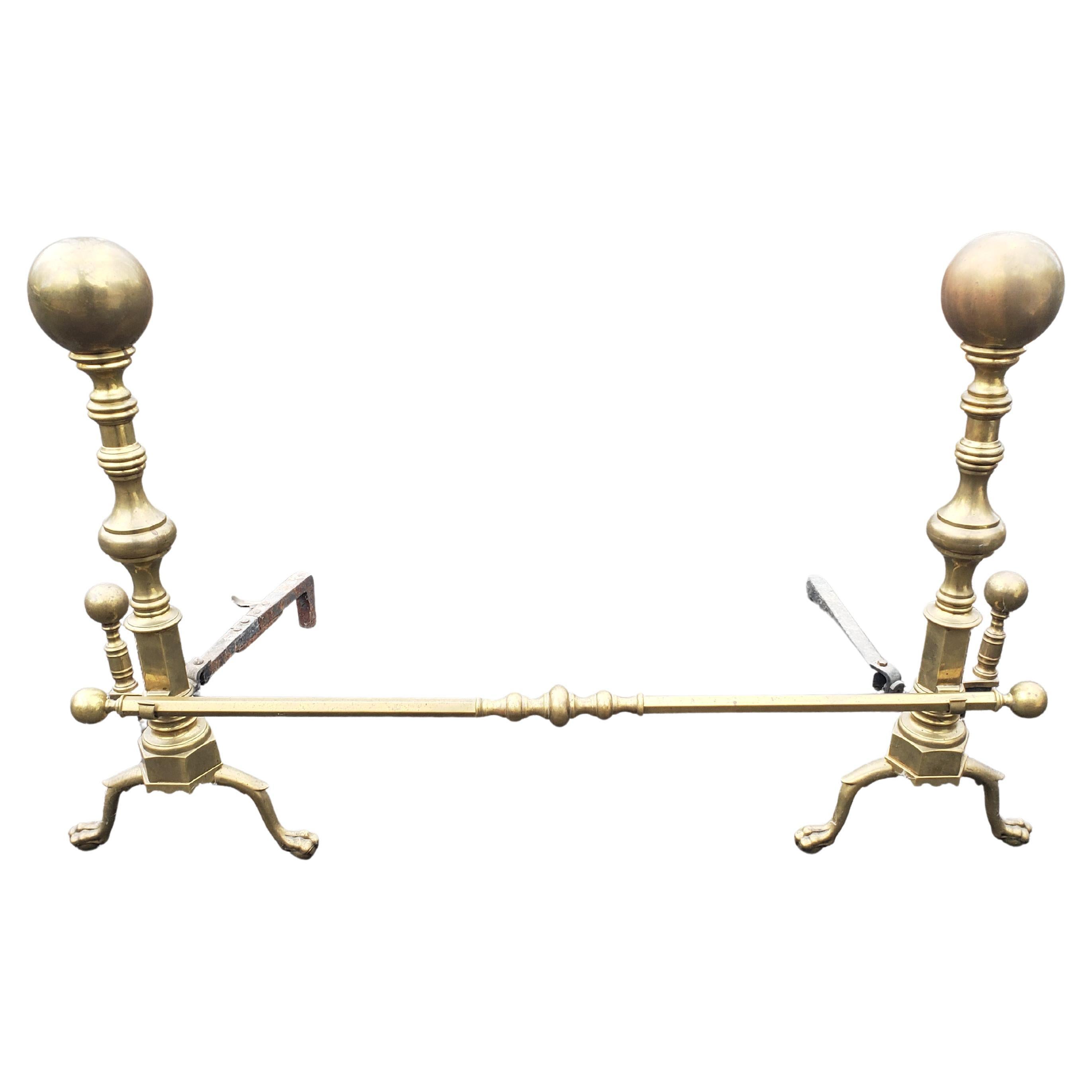 Vintage Solid Brass Andirons with Roll Bar, Circa 1920s For Sale 2
