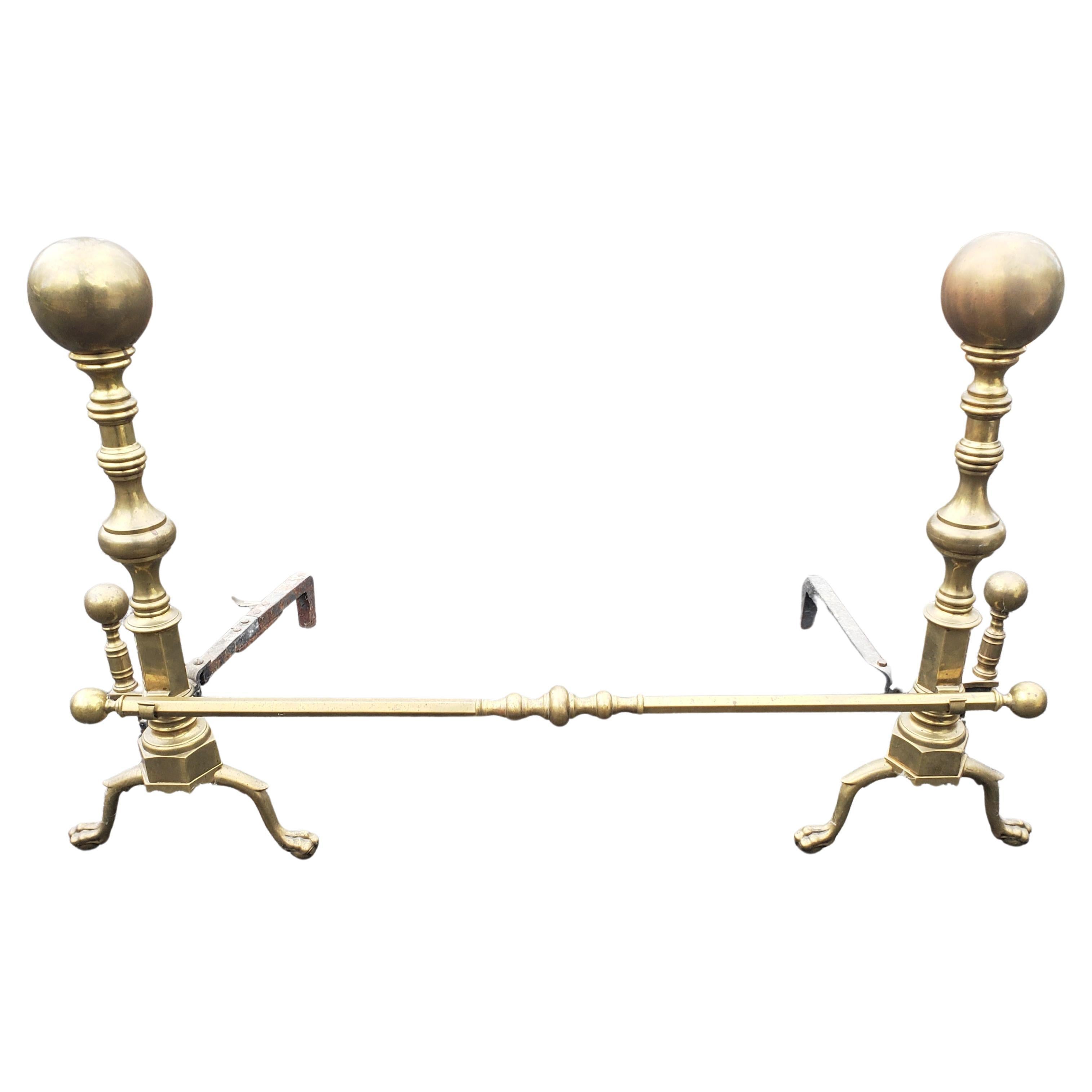 Vintage Solid Brass Andirons with Roll Bar, Circa 1920s For Sale