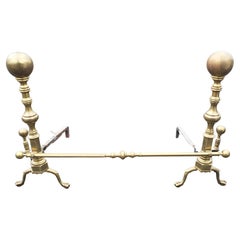 Antique Solid Brass Andirons with Roll Bar, Circa 1920s