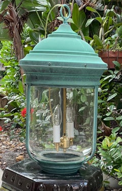 Lanterne cloche vintage en laiton massif avec patine vert-de-gris - Suspension à deux lumières