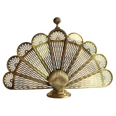Vintage Solid Brass Clam Seashell Brass Peacock Fireplace Folding Fan Screen