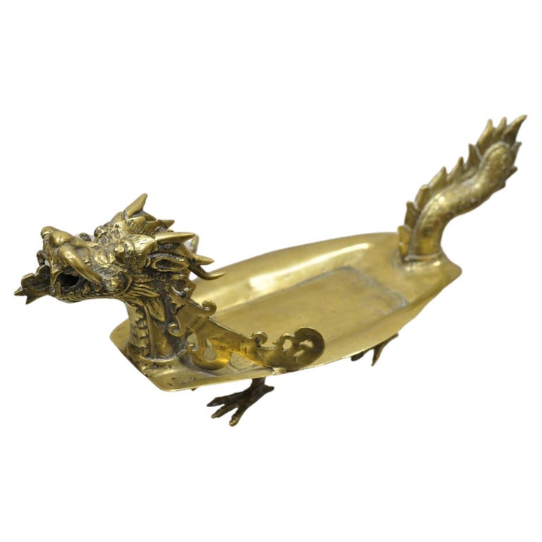 Vintage Solid Brass Dragon Form Chinese Trinket Dish Desk Accessory For ...