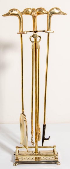Vintage Solid Brass Fireplace Tools with Duck Heads French Maison Jansen
