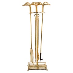 Vintage French Solid Brass Duck Head Fireplace Tool Set, Maison Jansen Style, 19