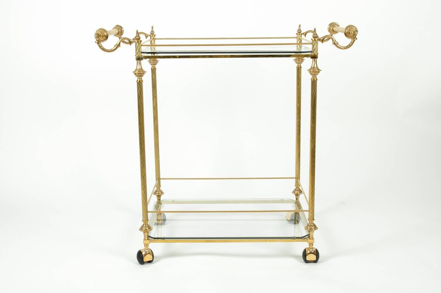 French Vintage Solid Brass/Glass Shelves Two-Tiers Bar Cart