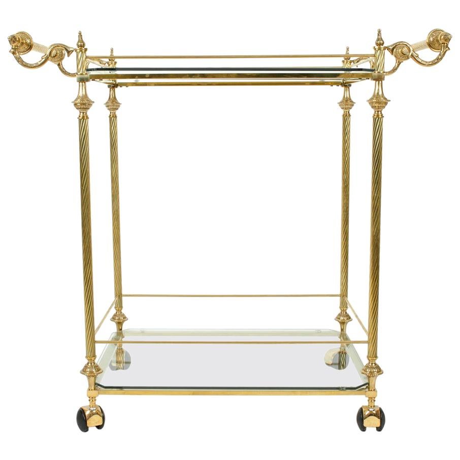 Vintage Solid Brass/Glass Shelves Two-Tiers Bar Cart