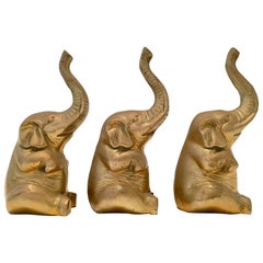 Vintage Solid Brass "Good Luck" Elephant Sculpture Trio S/3