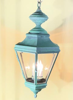 Vintage Solid Brass Hanging Lantern  Hexagonal 3-Light Pendant with Verdigris