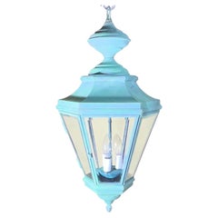 Vintage Solid Brass Hanging Lantern  Hexagonal 3-Light Pendant with Verdigris