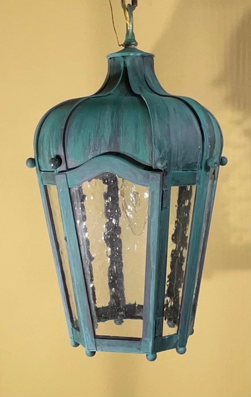Farol colgante vintage de latón macizo - Acabado teal patinado en venta 3