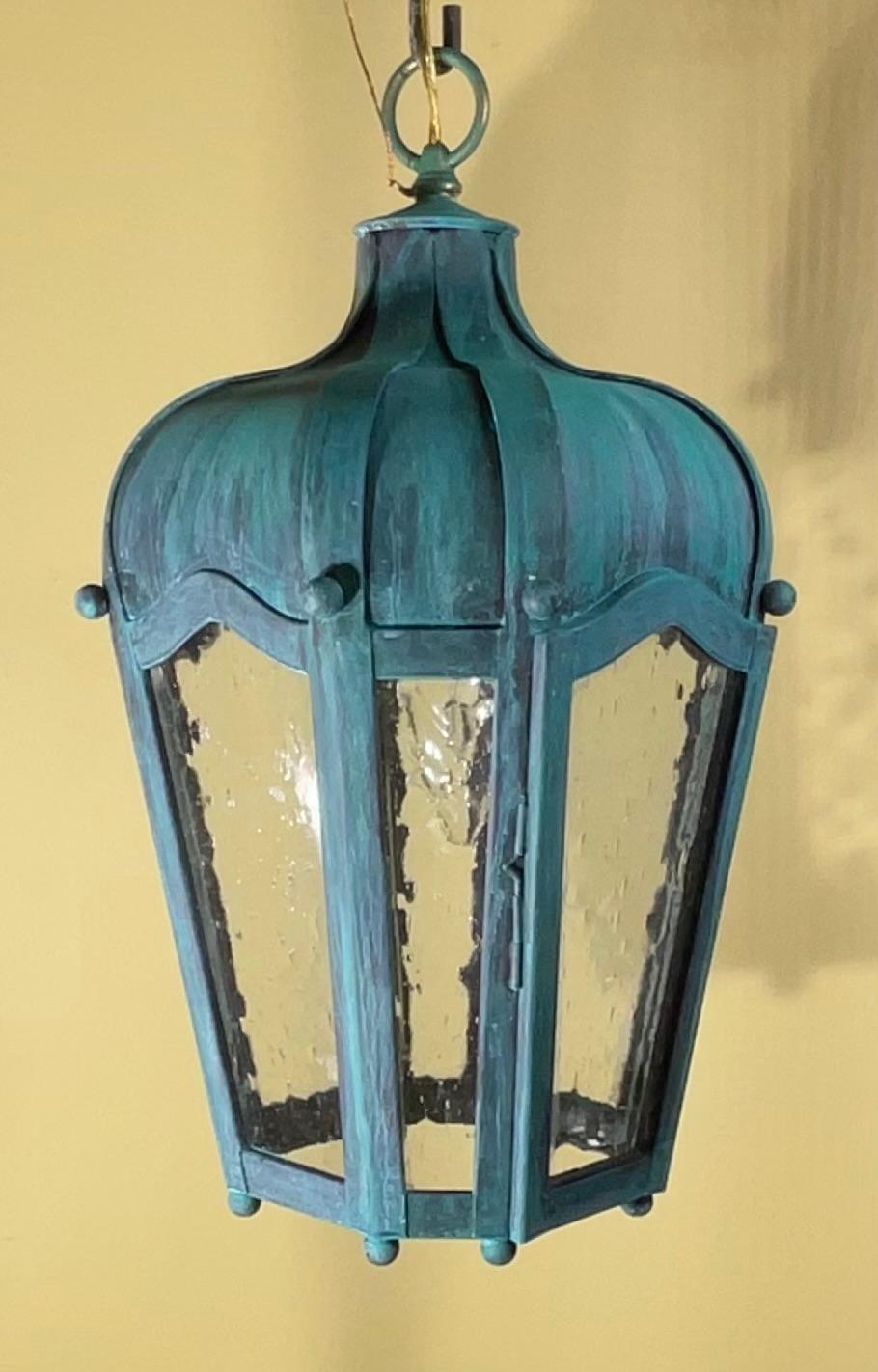 Farol colgante vintage de latón macizo - Acabado teal patinado en venta 4