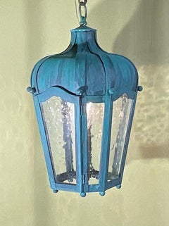 Vintage Solid Brass Hanging Lantern - Patinated Teal Finish