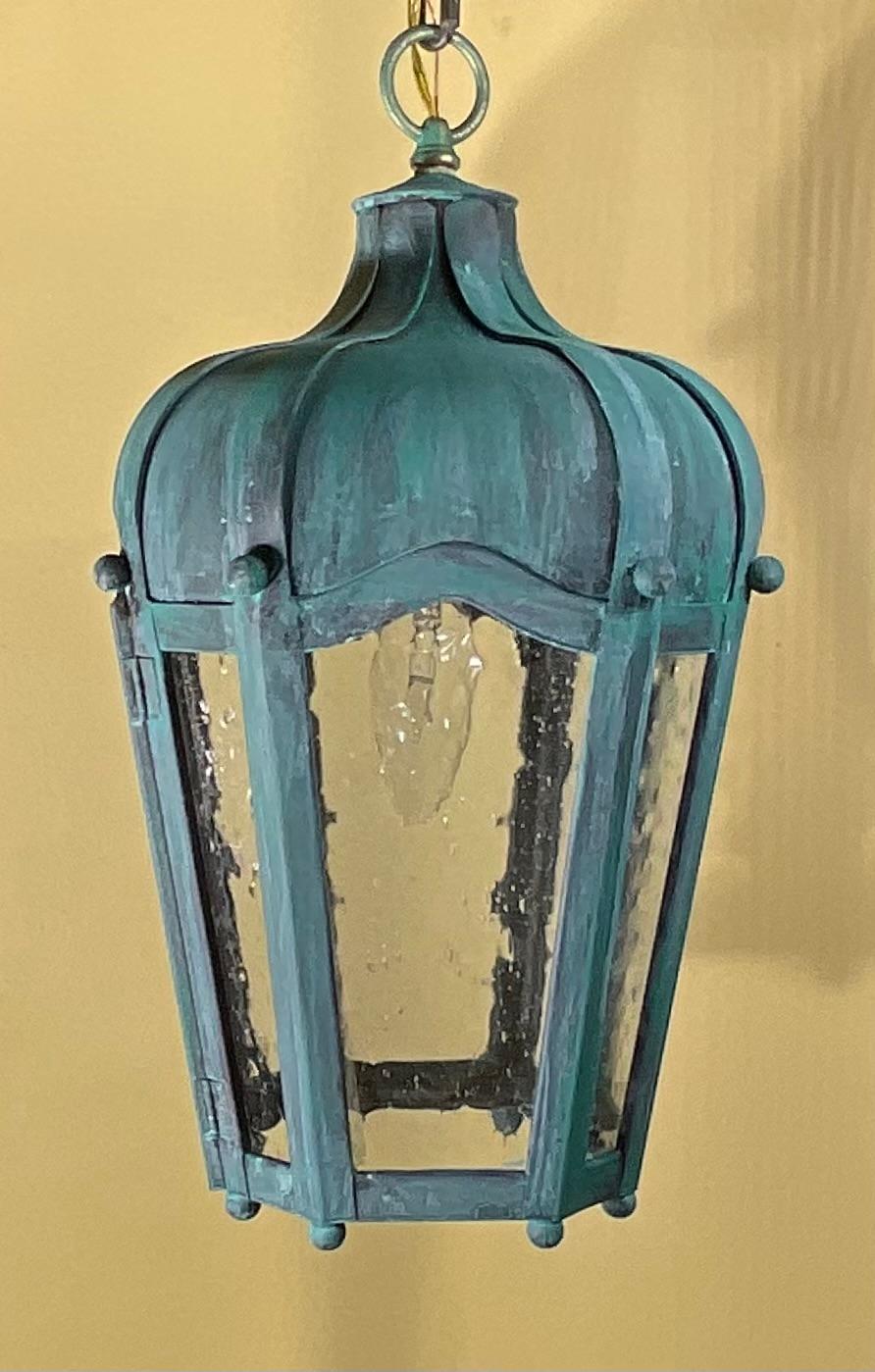 Farol colgante vintage de latón macizo - Acabado teal patinado en venta 1