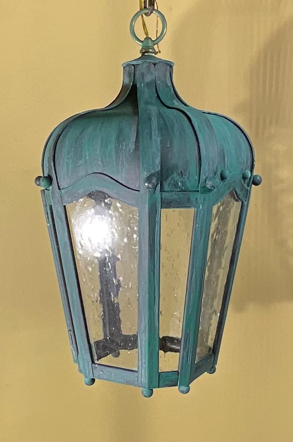 Farol colgante vintage de latón macizo - Acabado teal patinado en venta 2