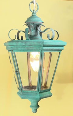 Vintage Solid Brass Hanging Lantern / Pendent / Verdigris Patina