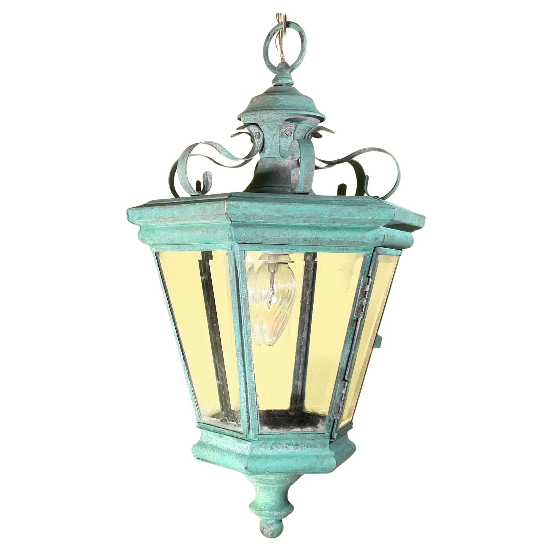 Vintage Solid Brass Hanging Lantern / Pendent / Verdigris Patina