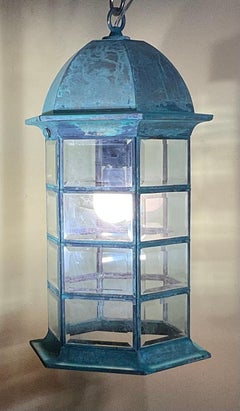 Vintage Solid Brass Hexagonal Hanging Lantern – Verdigris Patina 20”H x 11”W