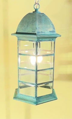 Vintage Solid Brass Hexagonal Hanging Lantern – Verdigris Patina 20”H x 11”W