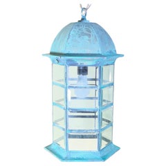 Vintage Solid Brass Hexagonal Hanging Lantern – Verdigris Patina 20”H x 11”W