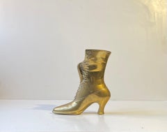 Vintage Solid Brass High-Heel Boot Vase in Victorian Style