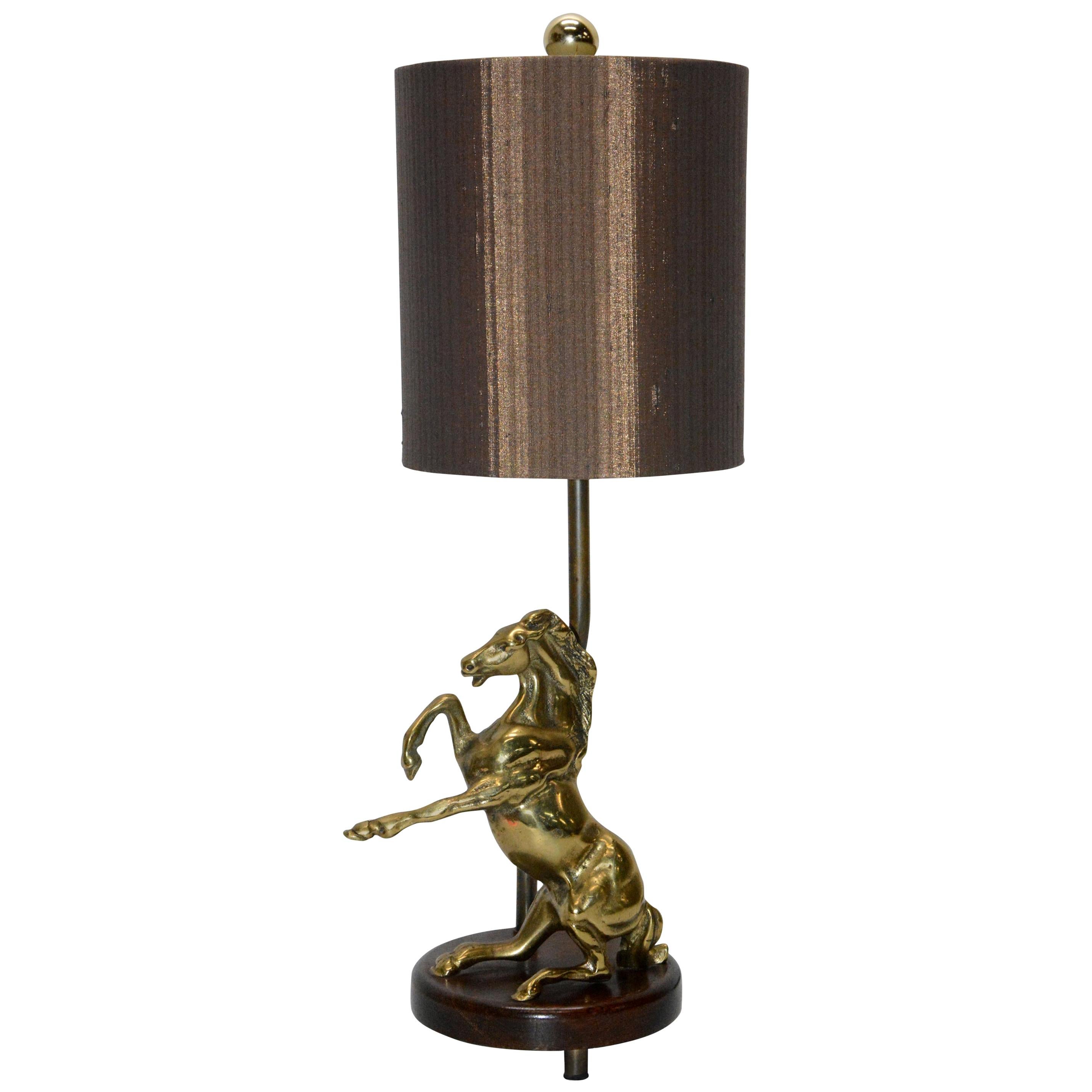 Vintage Solid Brass Horse Lamp with Shade For Sale