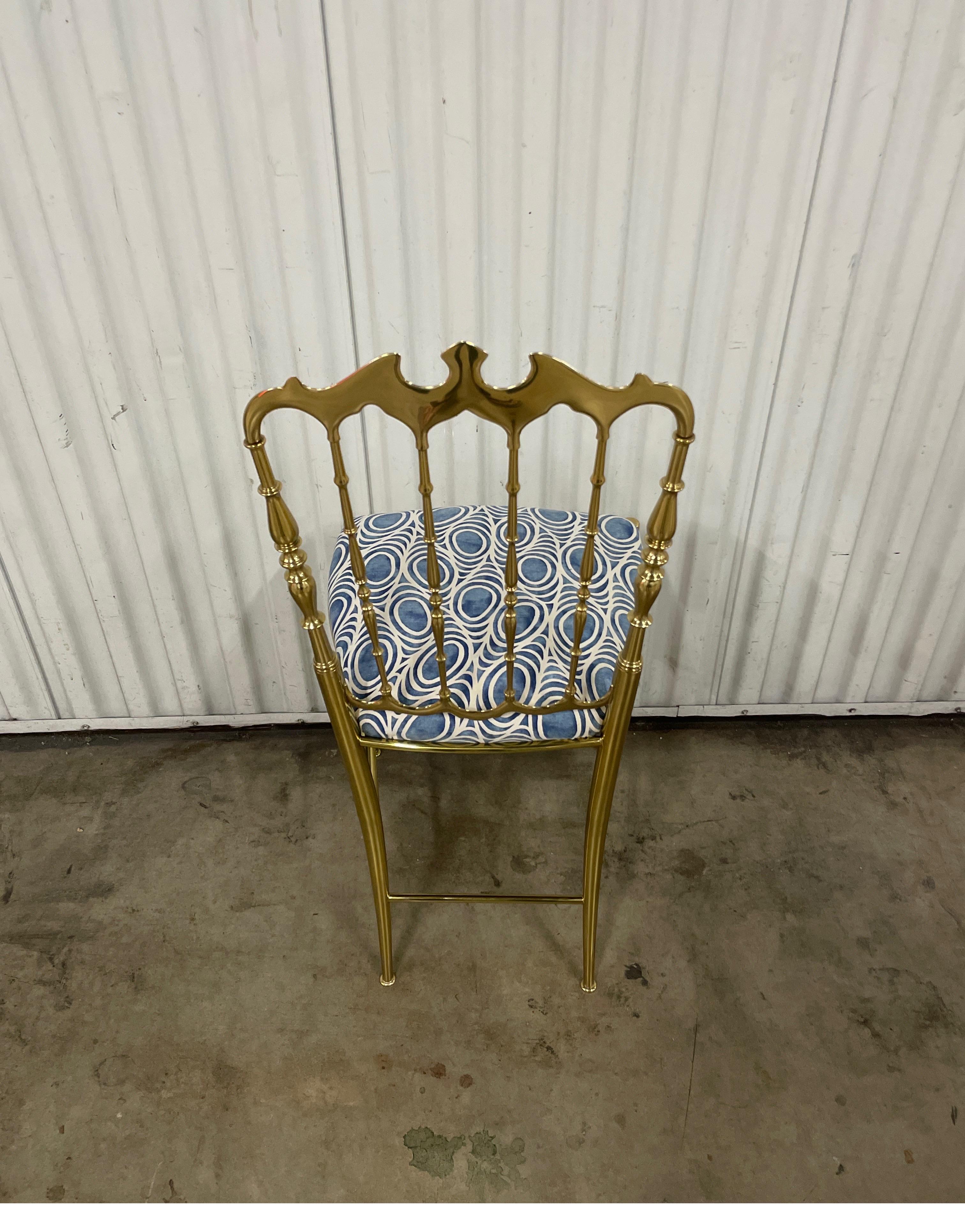 20th Century Vintage Solid Brass Italian Chiavari Chair with Fortuny Seat Covering For Sale