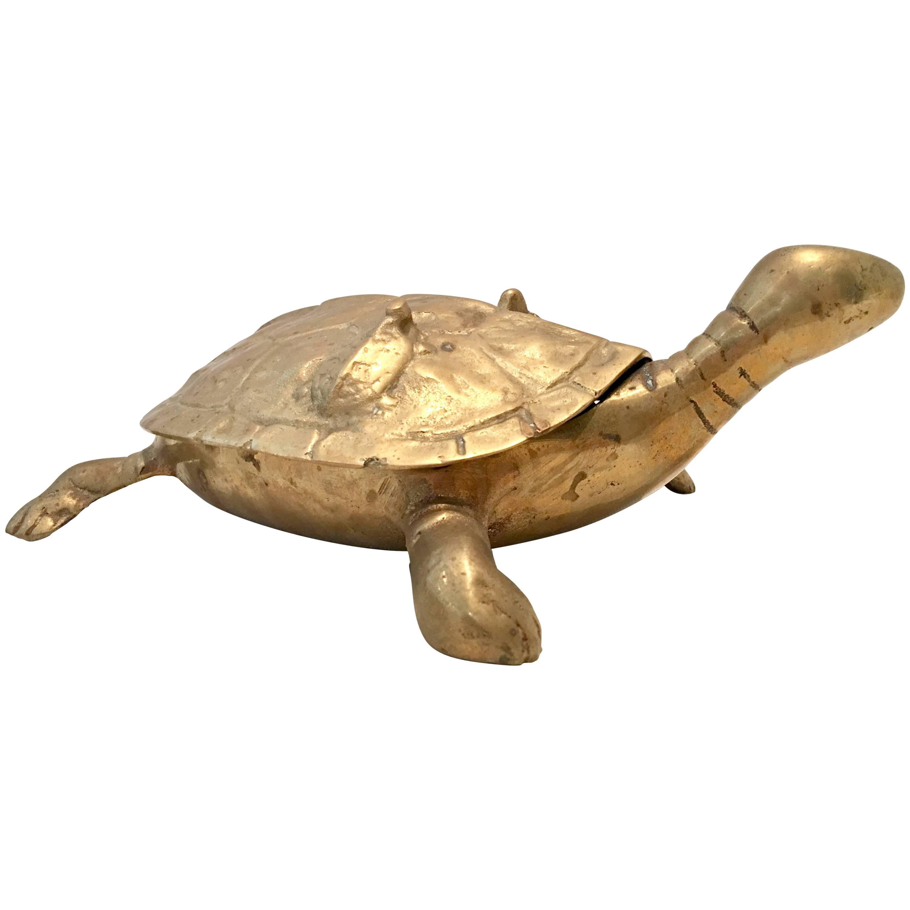 Vintage Solid Brass Large Turtle Lidded Box Sculpture
