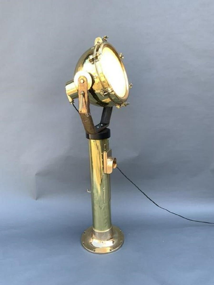 Vintage Solid Brass Maritime Spotlight on Pedestal In Good Condition For Sale In Norwell, MA