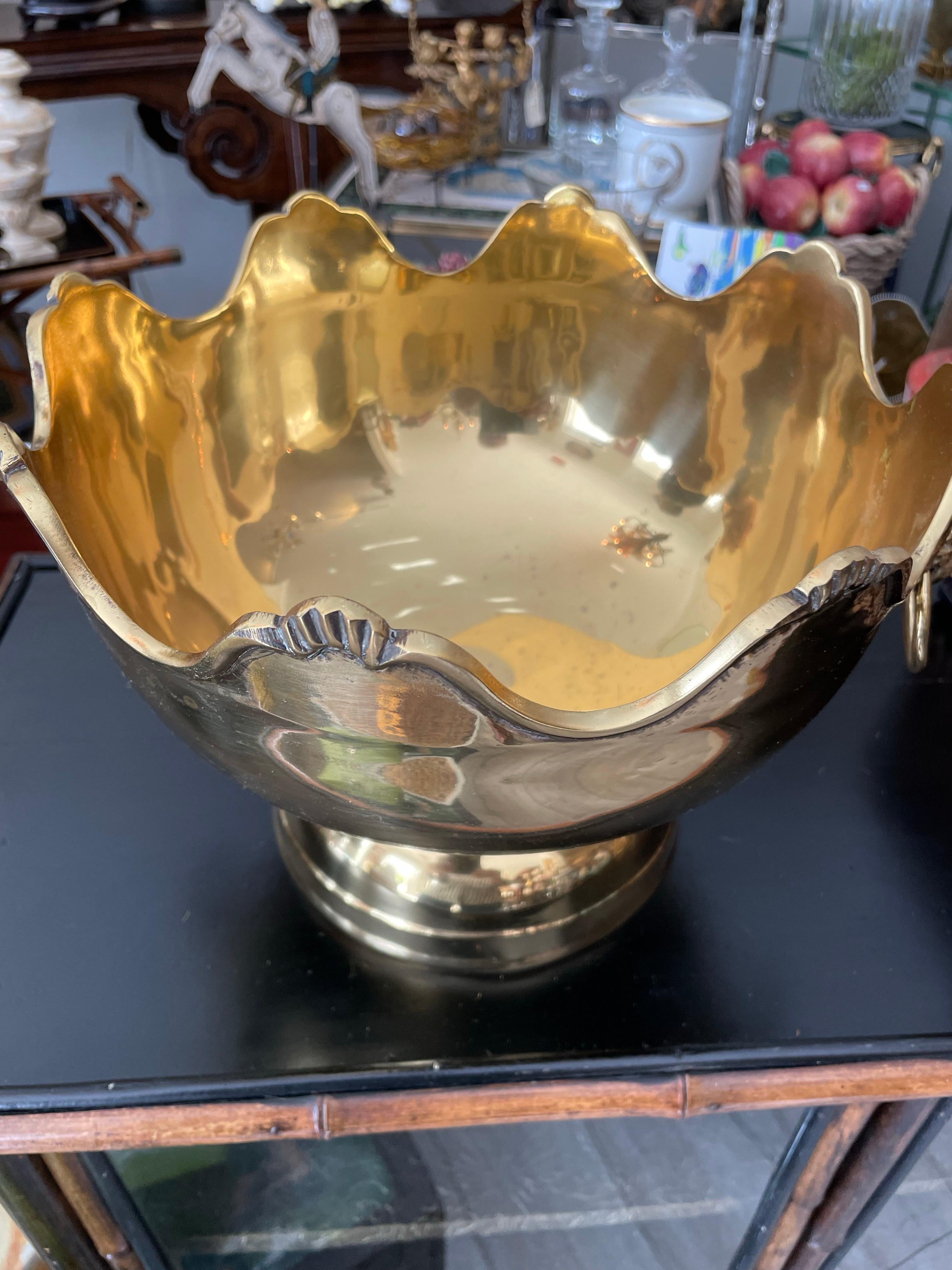 Vintage Solid Brass Monteith Bowl with Lion Head Handles In Good Condition For Sale In West Palm Beach, FL