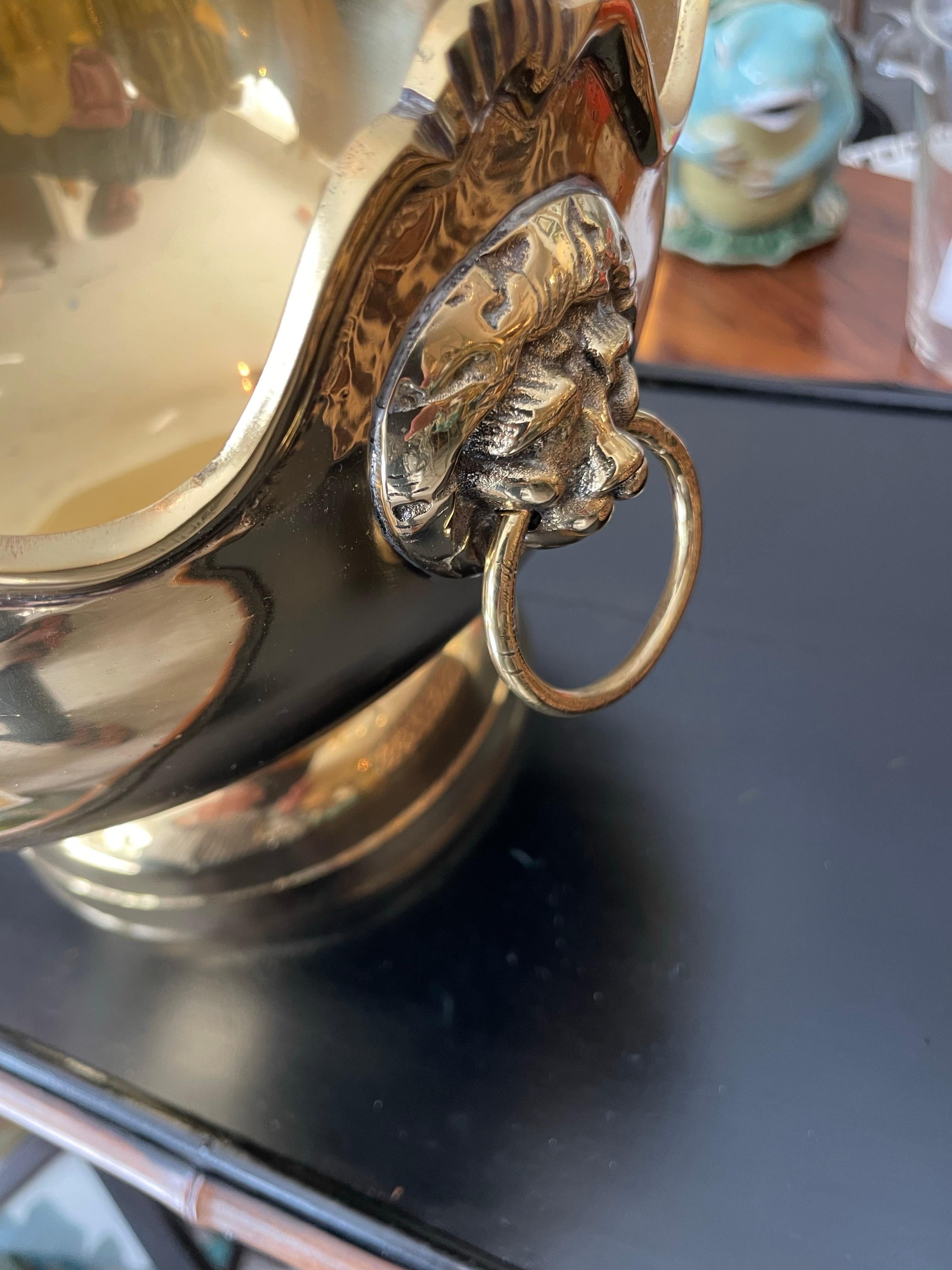 20th Century Vintage Solid Brass Monteith Bowl with Lion Head Handles For Sale