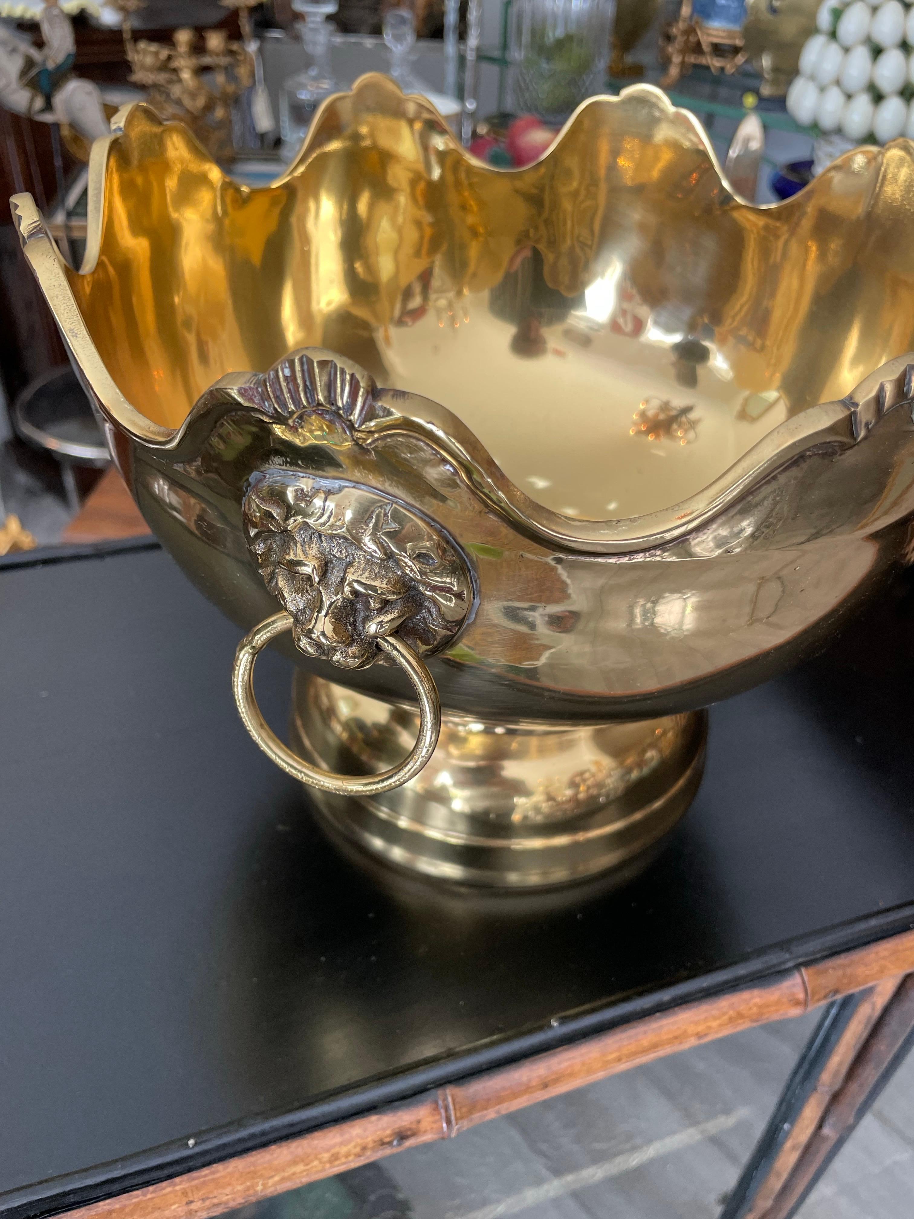 Vintage Solid Brass Monteith Bowl with Lion Head Handles For Sale 1