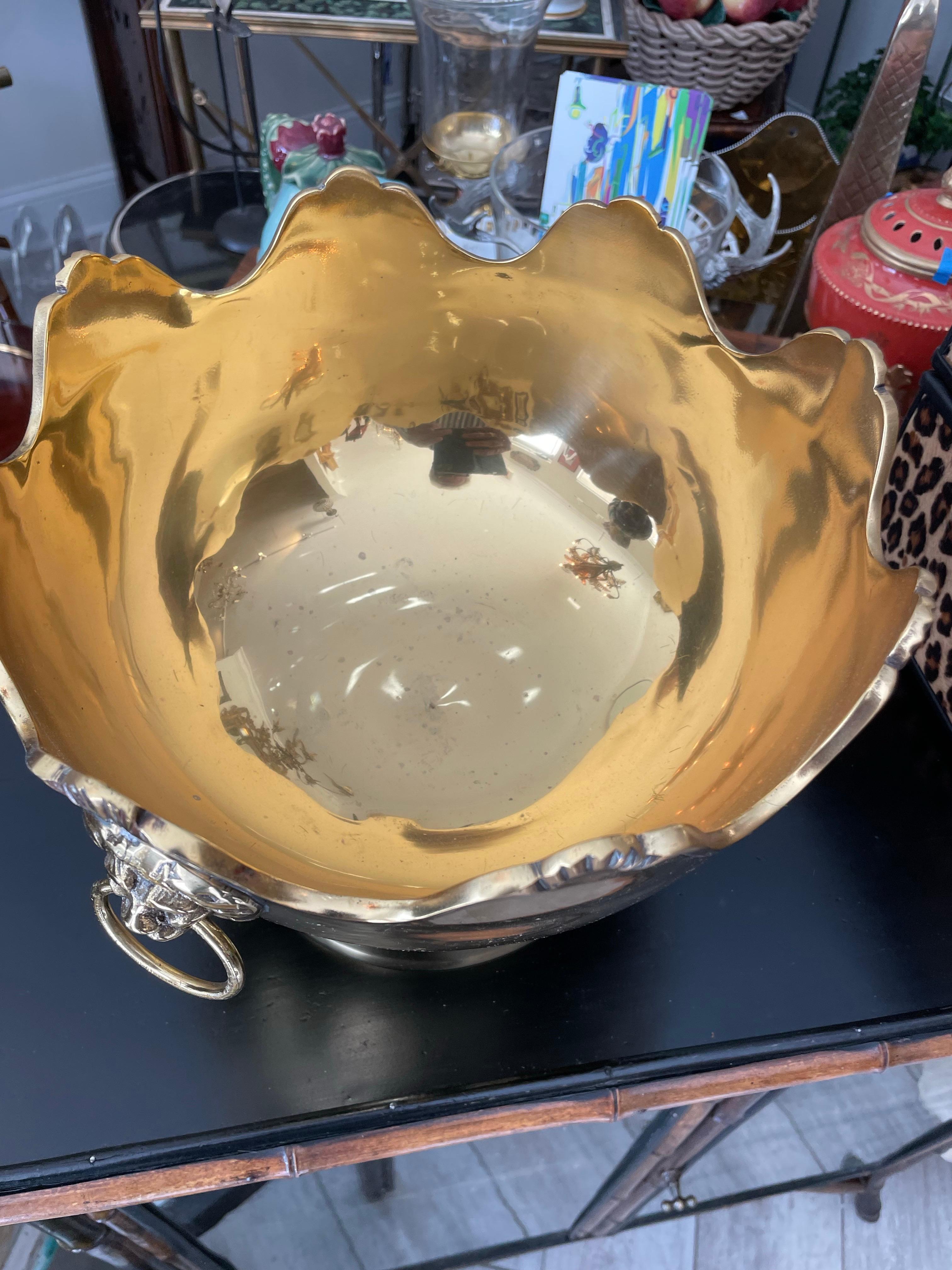 Vintage Solid Brass Monteith Bowl with Lion Head Handles For Sale 4