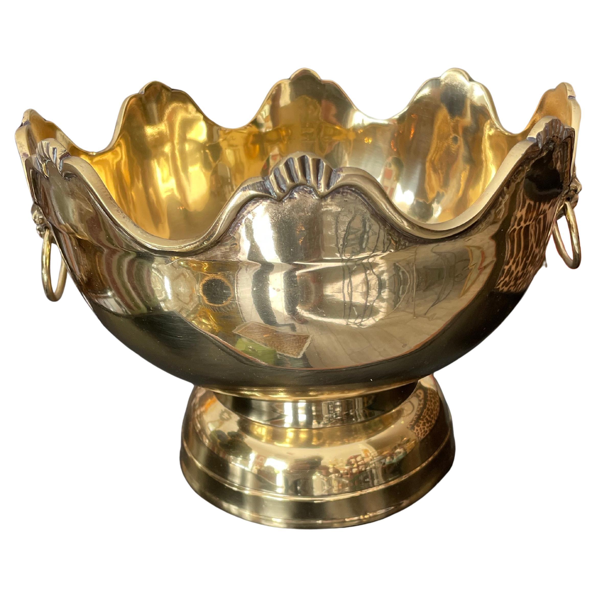 Vintage Solid Brass Monteith Bowl with Lion Head Handles For Sale