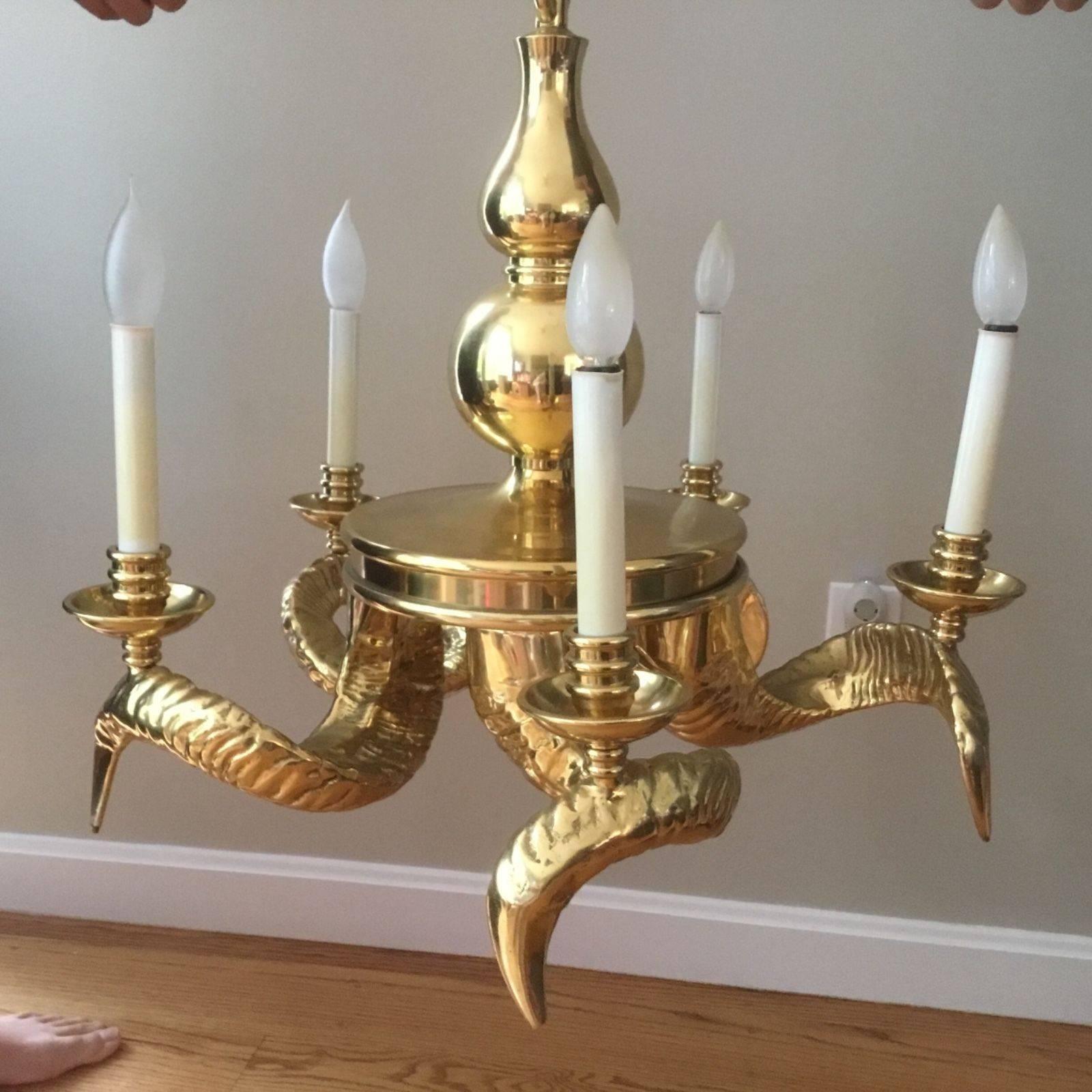 Vintage Solid Brass Ram Horn Chandelier For Sale at 1stDibs