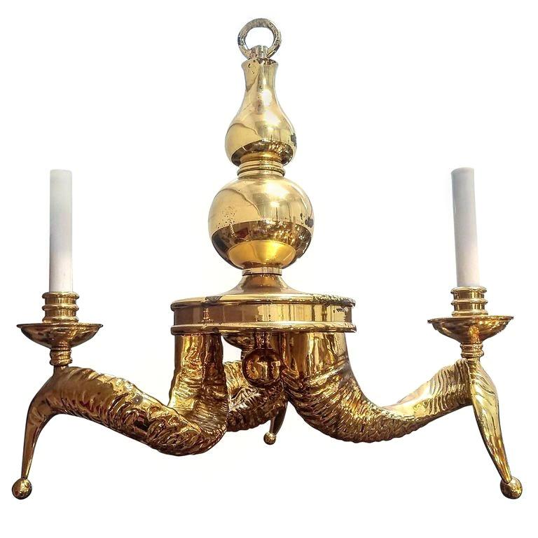 Hollywood Regency Vintage Solid Brass Ram Horn Chandelier