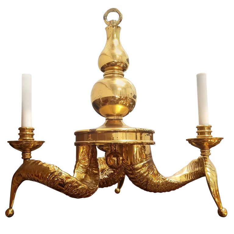Vintage Solid Brass Ram Horn Chandelier For Sale at 1stDibs