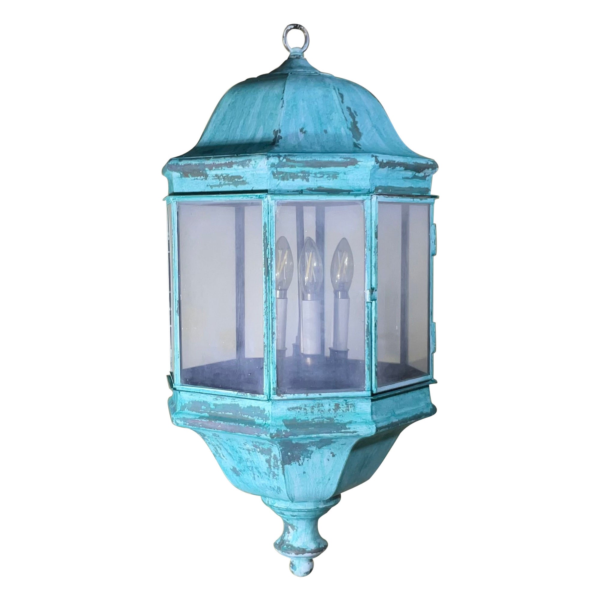 Lanterne d'intérieur/extérieur vintage en laiton massif et patine vert-de-gris en vente