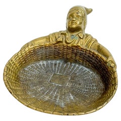 Vintage Solid Bronze Gnome Trinket Dish, Basket Design, France, 1930s