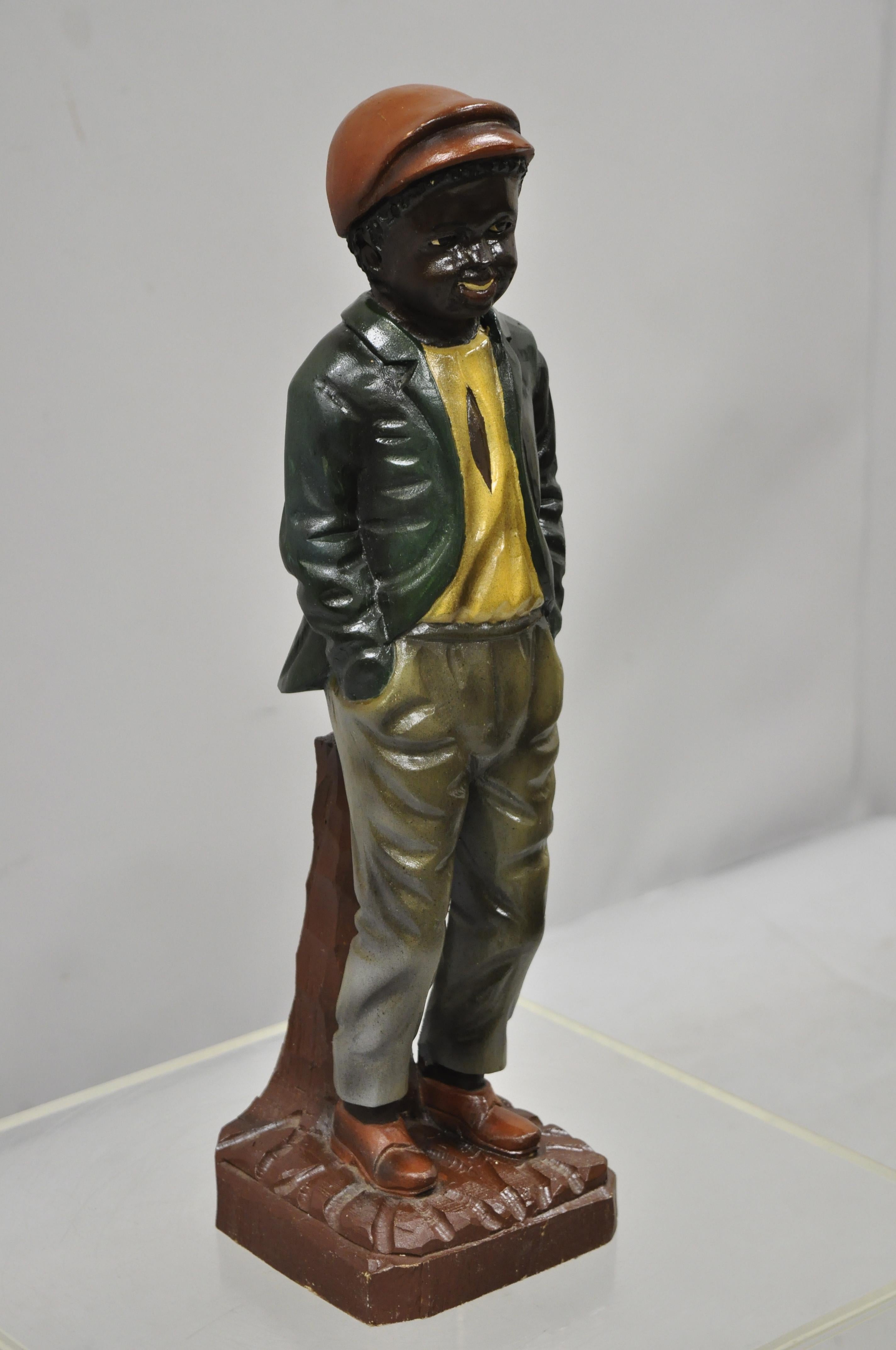 Vintage Solid Carved Wood Black Boy Statue Figure Hands in Pocket Red Hat For Sale 4