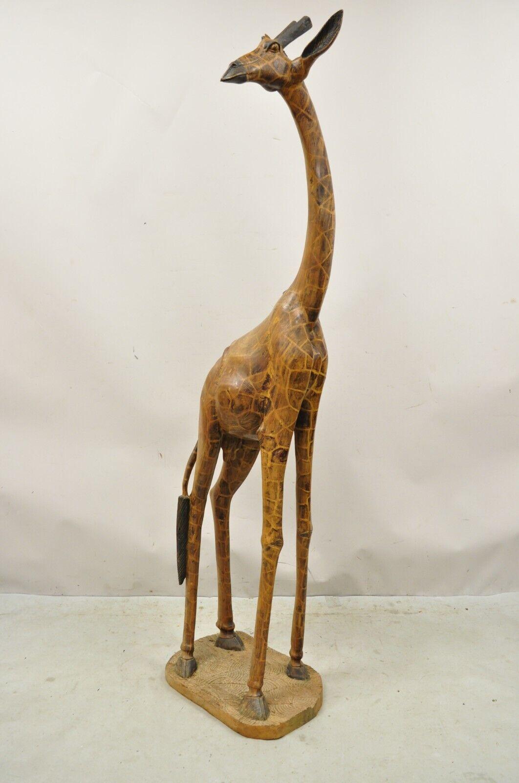 20th Century Vintage Solid Carved Wood 72” Tall African Safari Giraffe Statue Sculpture For Sale