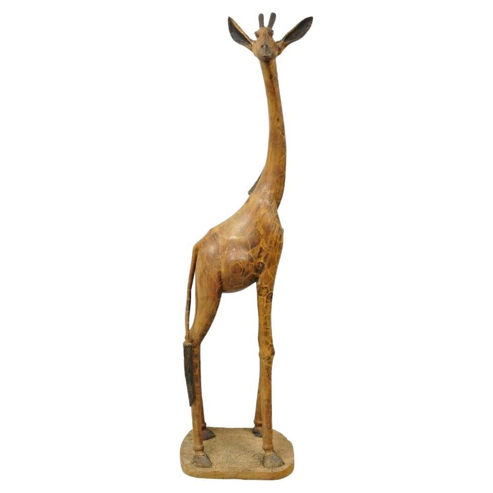 Vintage Solid Carved Wood 72” Tall African Safari Giraffe Statue Sculpture For Sale