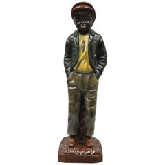 Vintage Solid Carved Wood Black Boy Statue Figure Hands in Pocket Red Hat