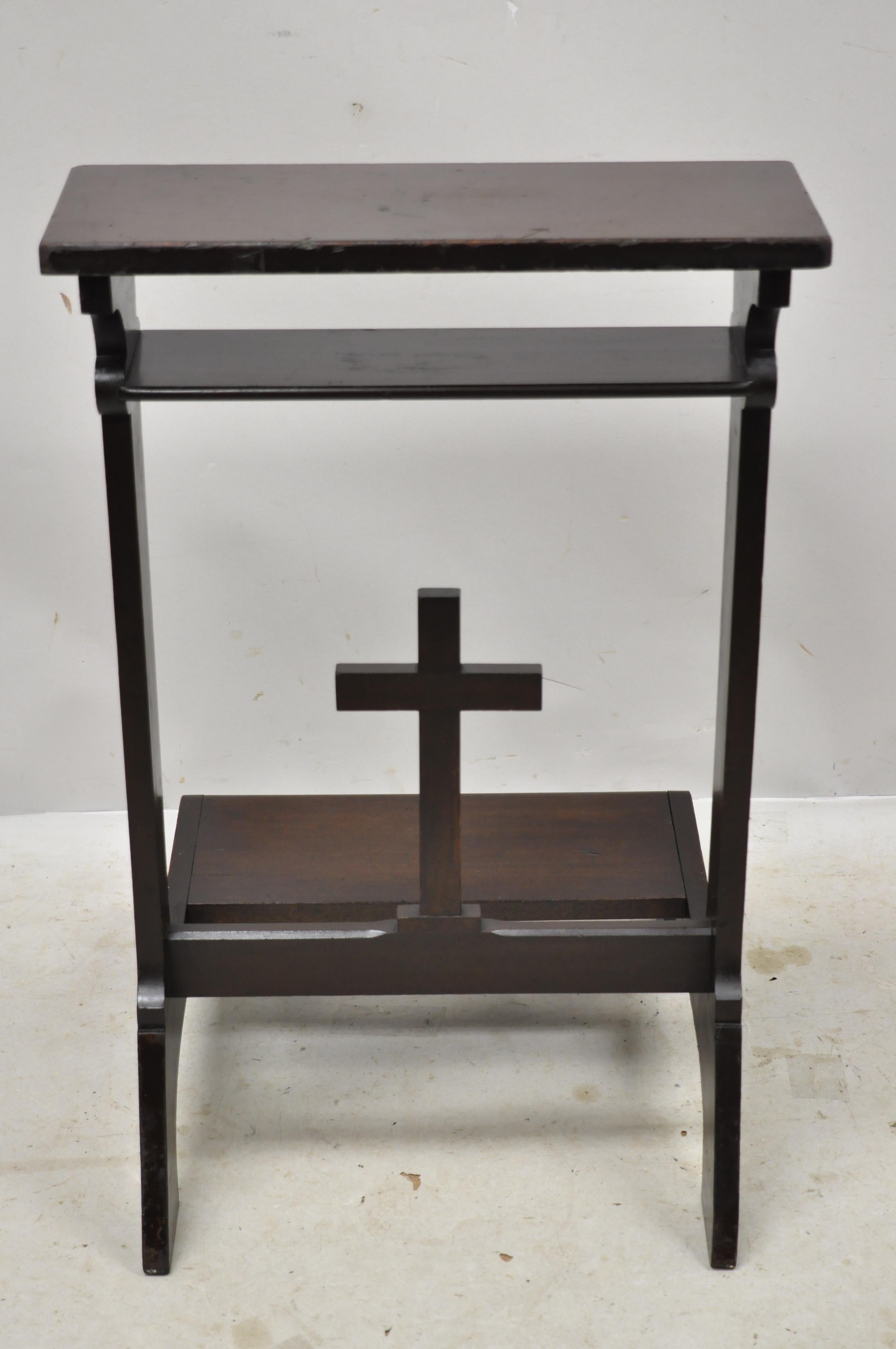 Vintage Solid Carved Wood Prayer Bench Kneeling Kneeler with Carved Cross 1