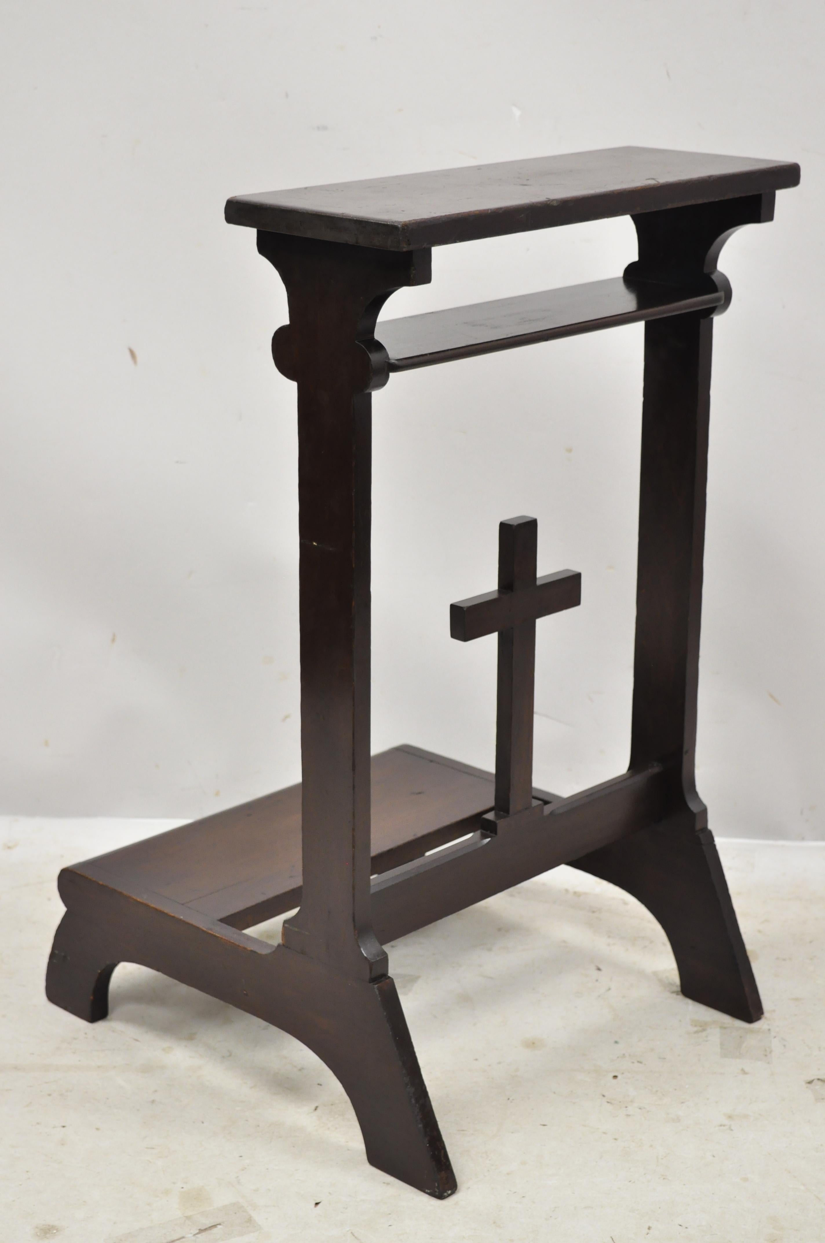 Vintage Solid Carved Wood Prayer Bench Kneeling Kneeler with Carved Cross 2