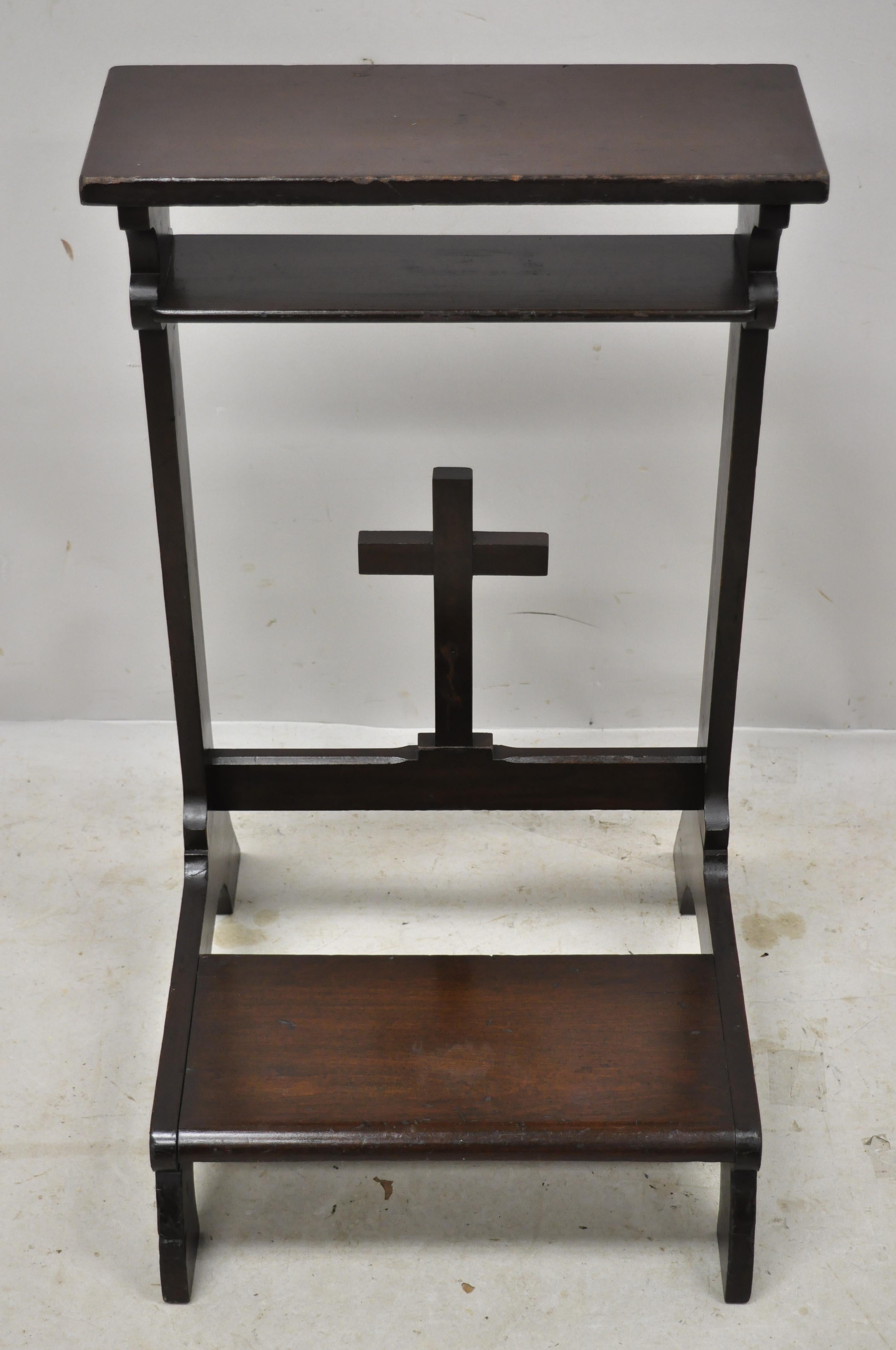 Vintage solid carved wood prayer bench kneeling kneeler with carved cross. Item features solid wood construction, very nice vintage item, great style and form, mid-20th century. Measurements: 32