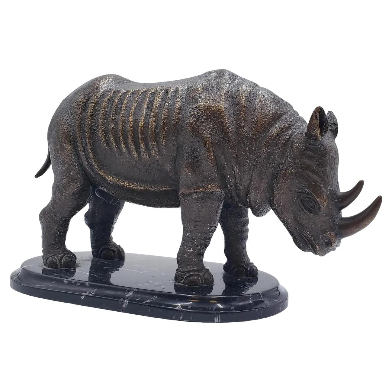Vintage Solid Cast Bronze Rhino Sculpture on Marble Base