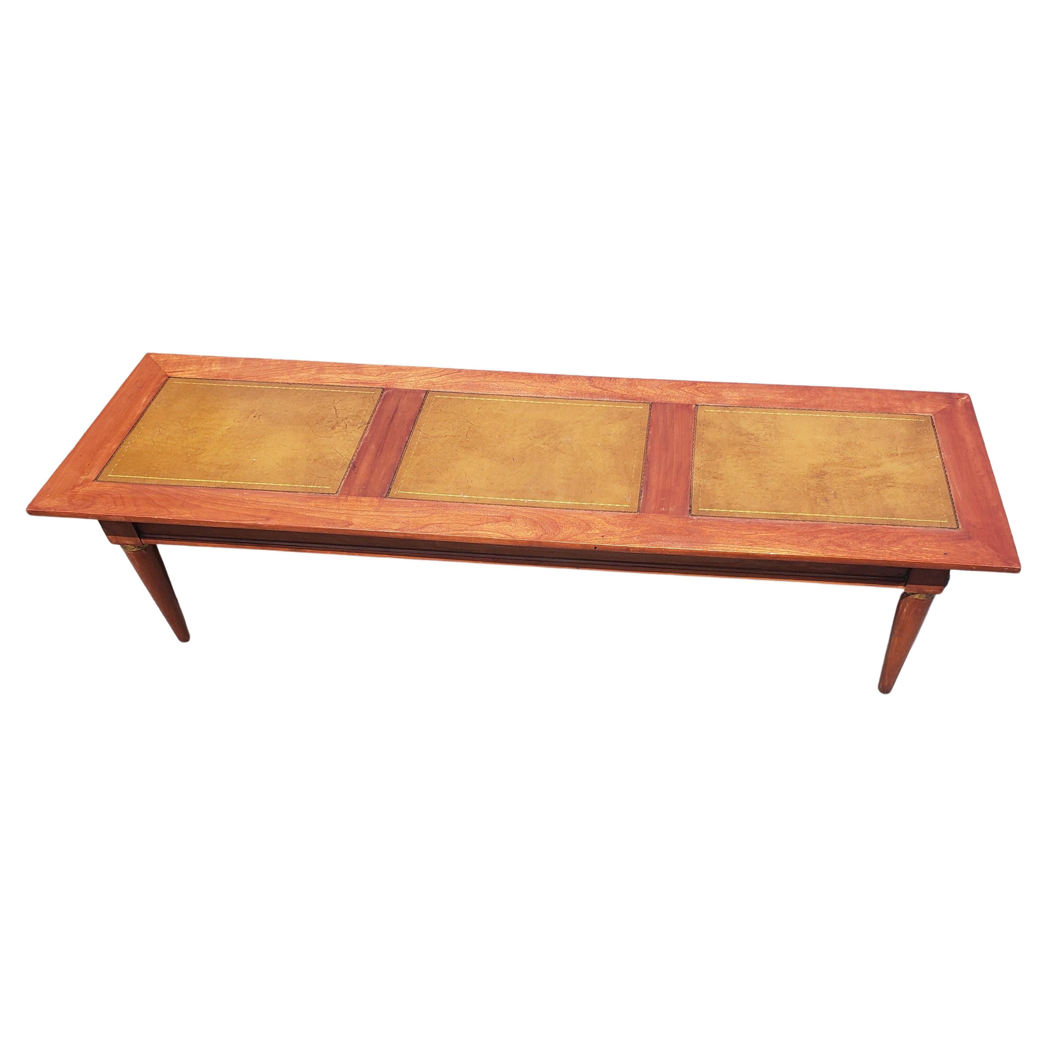Mid-Century Modern Vintage Solid Cherry and Stenciled Leather Top Coffee Table For Sale